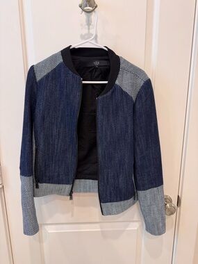Tibi Two-Tone Navy and White Textured Bomber Jacket